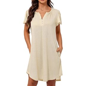 Marvmys Women's Nightgown Short Sleeve Sleepshirt Henley V Neck Nightshirt Sleepwear with Pockets