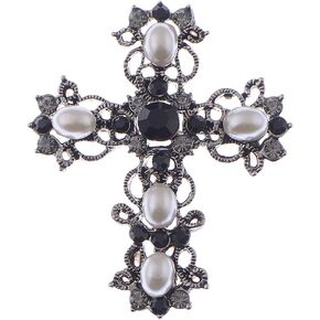 Alilang Antique Gunmetal Tone Faux Pearls Black Rhinestones Pastel Holy Cross Brooch Pin Pendent