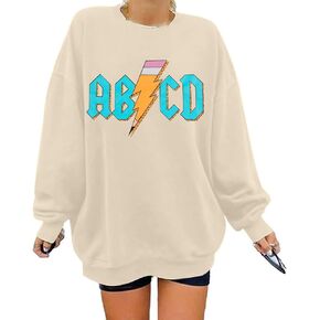 MAXIMGR ABCD Oversized Sweatshirt Women Rock'n Roll Teacher Sweatshirt Alphabet Graphic Back to School Gift Pullover Top