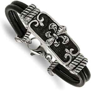 Stainless Steel Polished Antiqued Fleur De Lis Black Leather Bracelet