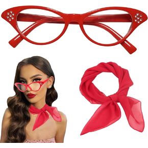 50's Costume Accessories Set for Women 1950s Vintage Chiffon Neck Scarf Rhinestone Cat Eye Glasses for Cosplay Party