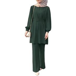 IWEMEK Prayer Clothes for Muslim Women 2 Piece Plus Size Long Sleeve Tops Wide Leg Pants Belt Islamic Clothing