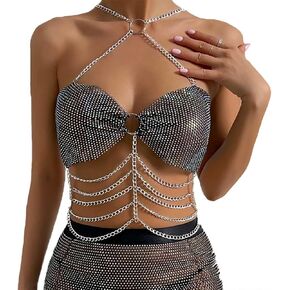 Formery Crystal Mesh Body Chain Rhinestone Multilayer Black Crop Top Summersuit Tassel Beach Body Jewellry for Women