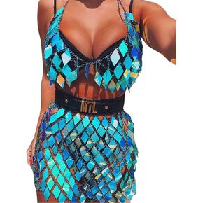 Fstrend Boho Sequins Tassels Body Chain Bra Skirts Set Sexy Bikini Outfits Rave Festival Party Beach Clubwear Jewelry for Women and Girls