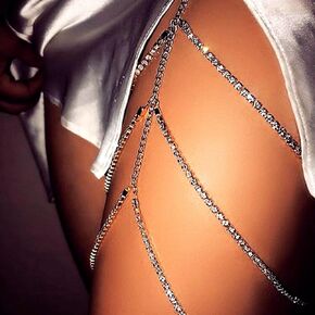 Boho Rhinestone Thigh Chain Shiny Crystal Leg Chain Silver Bikini Thigh Chain Club Summer Beach Body Chain Jewelry for Women and Girls