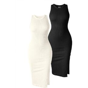 OQQ Women's 2 Piece Dress Sexy Ribbed Halter Neck Fashion Split Tank Tops Dresses