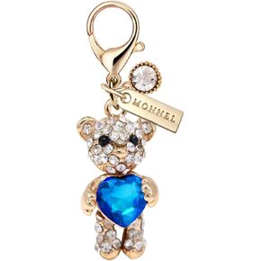 MONNEL MC333 Crystal Teddy Bear with Love Heart Lobster Clasp Charm for Women Girls with Velvet Bag (Blue,1 Piece)