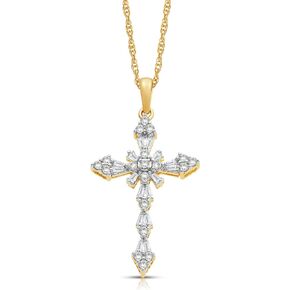 Jewelili Cross Pendant Necklace in 10K White and Yellow Gold with 1/2 Cttw Natural White round and baguette Diamonds 18" Rope Chain