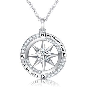 AOSAIB Compass Necklace S925 Sterling Silver I'd Be Lost Without You Diamond Compass Pendant Graduation Gift Compass Jewelry Valentine Birthday Gift for Girlfriend Wife Her in Kuwait