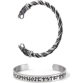 TURTLEDOVE Viking Wolf Fenrir Bangle – 2 PCS Stainless Steel Norse Scandinavian Torc – Rune Bangle Bracelet