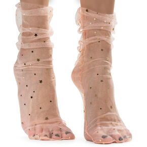 AVIAN LEGS Peach Puff Delight: Women Sheer Slouch Tulle Socks | Shiny Glitter Novelty Decorated Loose Socks with Stars & Moon - Ankle High 1 Pair (one size)