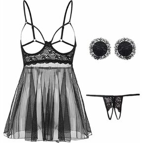 Sexy Hollow Strappy Mesh Lingerie Floral Lace Chemise Cut Out Teddy Babydoll Nightdress Slips Dress See Through Nightwear Black