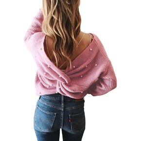 Sexyshine Women's Casual V Neck Criss Cross Backless Long Batwing Sleeve Loose Knitted Sweater Pullovers