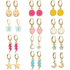 12 Pairs Preppy Earrings Pack,Colorful Preppy Earrings Pack with Charms and Pendants Trendy Jewelry for Teen Girls Women