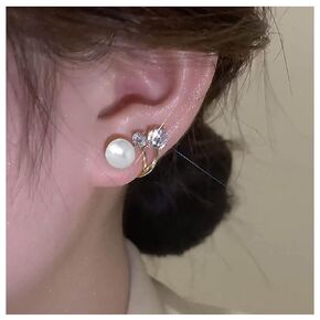Iaceble Boho Pearl Ear Jacket Earrings Gold Pearl Stud Earrings Crystal Front Back Earrings Sparkly Cz Wrap Earrings Jewelry for Women and Girls