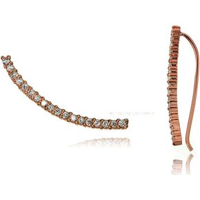 Hoops & Loops 925 Sterling Silver Cubic Zirconia Curved Crawler Climber Hook Earrings for Women Teen Girls, Silver, Yellow & Rose Gold