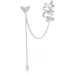 Ear Cuff Earring for Women - Butterfly Pearl Chain Copper Rhinestone Ear Clip