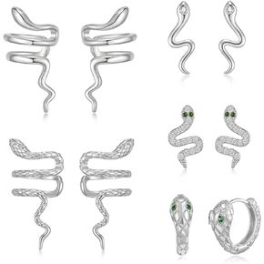OPFIV 5 Pairs 14K Gold Plated Snake Earrings for Women Teen Girls Cool Punk Various-Style Non Piercing Snake Ear Cuffs Huggie Hoops Small Studs Earrings Set Dainty Silver Goth Earrings Fun Statement Jewelry