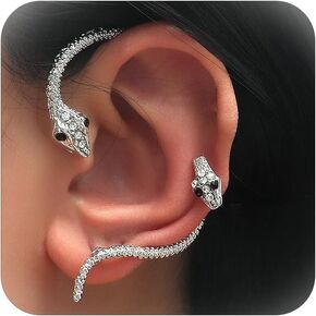 Gothic Snake Ear Cuff Clip Gold Rhinestone Snake Stud Earring for Women Silver Piercing Snake Climber Earring Retro Left Earring Clips for Halloween