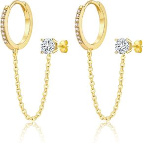 KOORASY Gold Chain Earrings for Women, Double Piercing Earrings for Two Holes | Cubic Zirconia Dangle Chain Earrings | Huggie Hoop Earrings CZ Stud Earrings | Cartilage Helix Earrings for Teen Girls