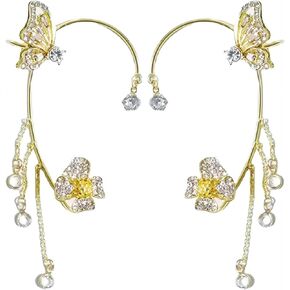 2PCS Butterfly Tassel Clip On Earrings for Women Without Piercing Ear Cuffs Climber Wrap Around Earrings Chain Tassel Zircon Earrings Jewelry Gift