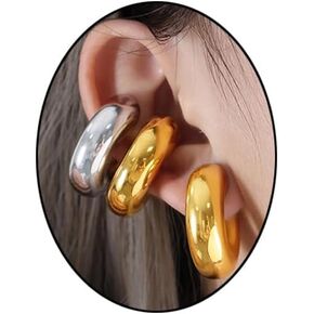 Chunky Gold Ear Cuff Earrings for Women Girls 18K Gold Chunky Huggie Hoop Earrings Non Piercing Wrap Cuff Clip On Earrings C-shaped Cartilage Hoop Earrings Dainty Jewelry Gifts