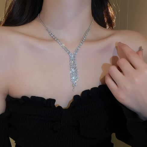 BERYUAN Sparkly Crystal Rhinestone Y Drop Statement Necklace Silver Plated Rhinestone Y Pendant Choker Necklace Elegant Crystal Pendant Necklace for Wedding Bride in Saudi Arabia