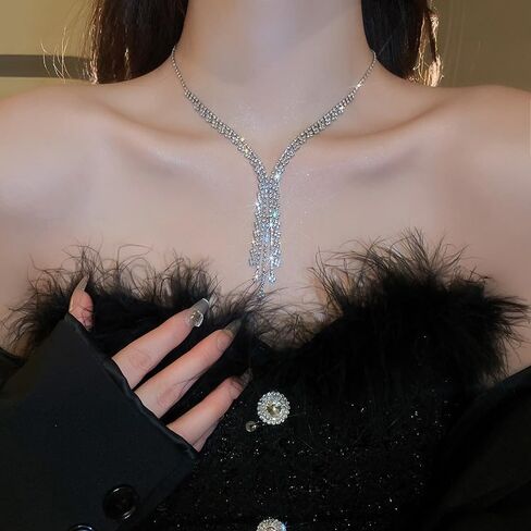 BERYUAN Sparkly Crystal Rhinestone Y Drop Statement Necklace Silver Plated Rhinestone Y Pendant Choker Necklace Elegant Crystal Pendant Necklace for Wedding Bride in Saudi Arabia