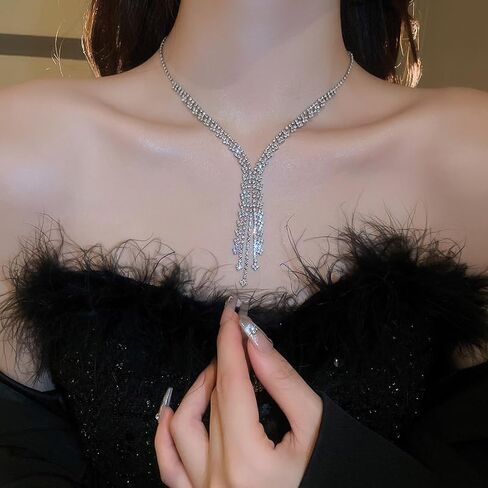 BERYUAN Sparkly Crystal Rhinestone Y Drop Statement Necklace Silver Plated Rhinestone Y Pendant Choker Necklace Elegant Crystal Pendant Necklace for Wedding Bride in Saudi Arabia