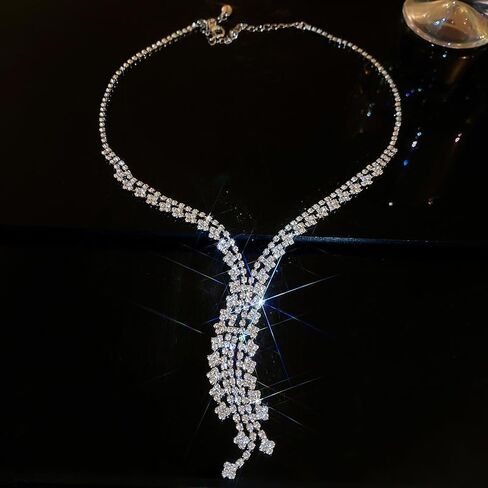 BERYUAN Sparkly Crystal Rhinestone Y Drop Statement Necklace Silver Plated Rhinestone Y Pendant Choker Necklace Elegant Crystal Pendant Necklace for Wedding Bride in Saudi Arabia