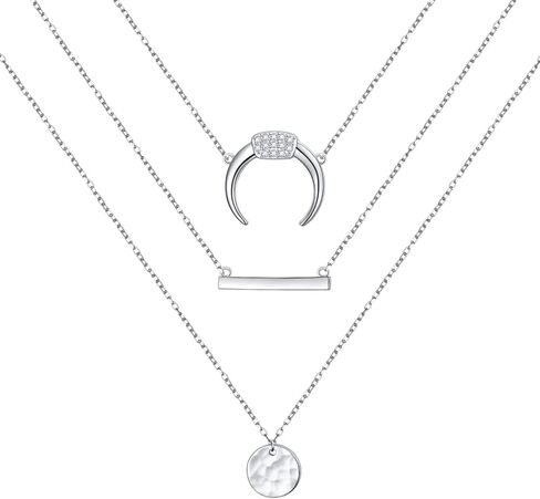 Lonyinlg Dainty Layered Choker Necklace Pendant Disc Bar Multi layered Necklace Chain Trendy Adjustable Long Layered Necklaces for Women Girls, Sterling Silver, Cubic Zirconia in Kuwait