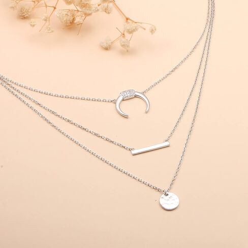 Lonyinlg Dainty Layered Choker Necklace Pendant Disc Bar Multi layered Necklace Chain Trendy Adjustable Long Layered Necklaces for Women Girls, Sterling Silver, Cubic Zirconia in Kuwait