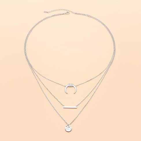 Lonyinlg Dainty Layered Choker Necklace Pendant Disc Bar Multi layered Necklace Chain Trendy Adjustable Long Layered Necklaces for Women Girls, Sterling Silver, Cubic Zirconia in Kuwait