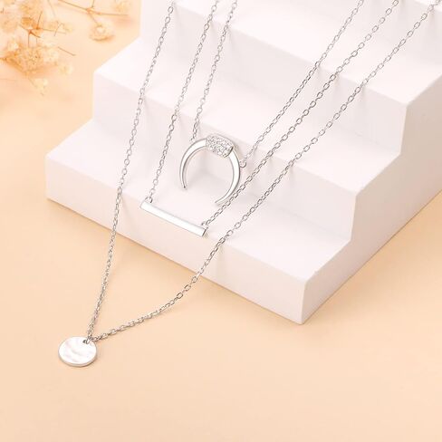 Lonyinlg Dainty Layered Choker Necklace Pendant Disc Bar Multi layered Necklace Chain Trendy Adjustable Long Layered Necklaces for Women Girls, Sterling Silver, Cubic Zirconia in Kuwait