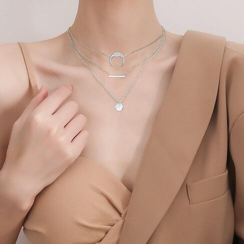 Lonyinlg Dainty Layered Choker Necklace Pendant Disc Bar Multi layered Necklace Chain Trendy Adjustable Long Layered Necklaces for Women Girls, Sterling Silver, Cubic Zirconia in Kuwait