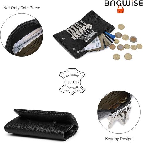 Bagwise مفتاح حامل عملة الحقيبة المحفظة المال حامل بطاقة الائتمان عملة محفظة مع هوك جلد طبيعي النساء الرجال اكسسوارات السيارات (أسود) in Kuwait