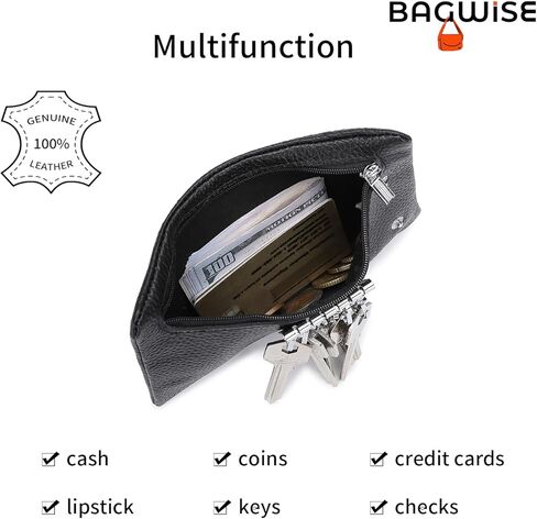 Bagwise مفتاح حامل عملة الحقيبة المحفظة المال حامل بطاقة الائتمان عملة محفظة مع هوك جلد طبيعي النساء الرجال اكسسوارات السيارات (أسود) in Kuwait