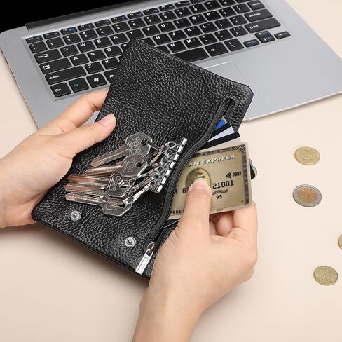 Bagwise مفتاح حامل عملة الحقيبة المحفظة المال حامل بطاقة الائتمان عملة محفظة مع هوك جلد طبيعي النساء الرجال اكسسوارات السيارات (أسود) in Kuwait