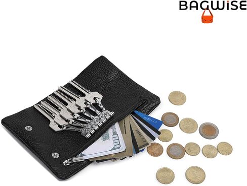 Bagwise مفتاح حامل عملة الحقيبة المحفظة المال حامل بطاقة الائتمان عملة محفظة مع هوك جلد طبيعي النساء الرجال اكسسوارات السيارات (أسود) in Kuwait