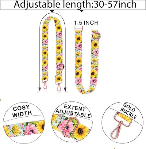 AGALUS Adjustable Purse Strap - Wide Shoulder Strap with Rose Gold Buckles - Fashionable Replacement Belt for Crossbody Canvas Bags Handbags (Sunflower Daisy) in Saudi Arabia