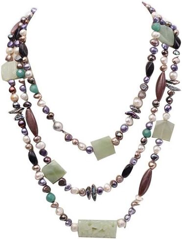 JYX اللؤلؤ اليشم والعقيق قلادة طويلة الوقوف 7-9 مللي متر متعدد الألوان شقة المياه العذبة مثقف اللؤلؤ قلادة 75" in Kuwait