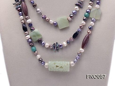 JYX اللؤلؤ اليشم والعقيق قلادة طويلة الوقوف 7-9 مللي متر متعدد الألوان شقة المياه العذبة مثقف اللؤلؤ قلادة 75" in Kuwait
