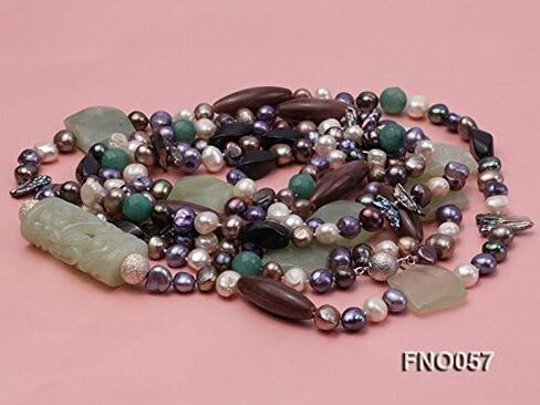 JYX اللؤلؤ اليشم والعقيق قلادة طويلة الوقوف 7-9 مللي متر متعدد الألوان شقة المياه العذبة مثقف اللؤلؤ قلادة 75" in Kuwait