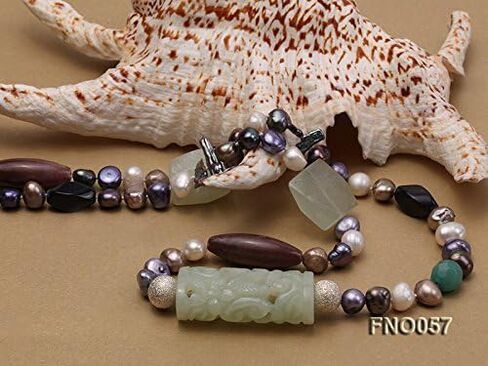 JYX اللؤلؤ اليشم والعقيق قلادة طويلة الوقوف 7-9 مللي متر متعدد الألوان شقة المياه العذبة مثقف اللؤلؤ قلادة 75" in Kuwait