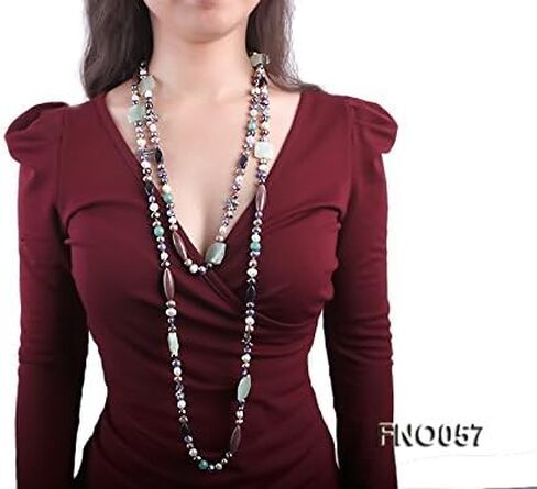 JYX اللؤلؤ اليشم والعقيق قلادة طويلة الوقوف 7-9 مللي متر متعدد الألوان شقة المياه العذبة مثقف اللؤلؤ قلادة 75" in Kuwait