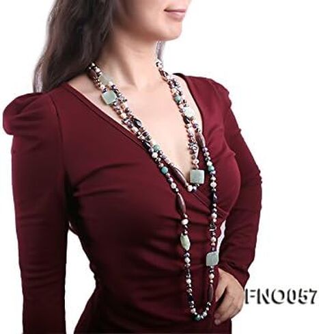 JYX اللؤلؤ اليشم والعقيق قلادة طويلة الوقوف 7-9 مللي متر متعدد الألوان شقة المياه العذبة مثقف اللؤلؤ قلادة 75" in Kuwait