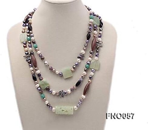 JYX اللؤلؤ اليشم والعقيق قلادة طويلة الوقوف 7-9 مللي متر متعدد الألوان شقة المياه العذبة مثقف اللؤلؤ قلادة 75" in Kuwait