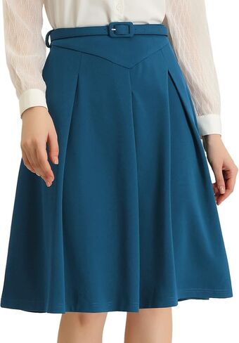 Allegra K Women's A-Line Belted Waist Casual Midi Flare Pleated Skirt in Saudi Arabia