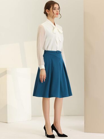 Allegra K Women's A-Line Belted Waist Casual Midi Flare Pleated Skirt in Saudi Arabia