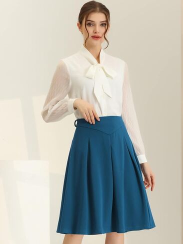 Allegra K Women's A-Line Belted Waist Casual Midi Flare Pleated Skirt in Saudi Arabia